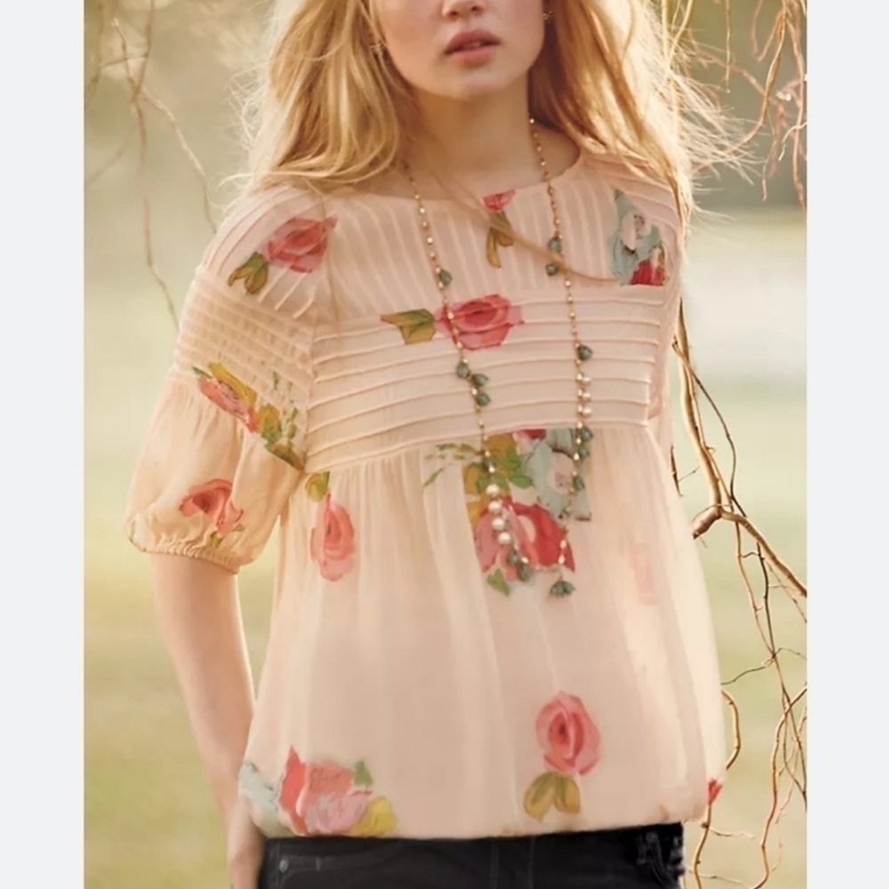 Anthropologie Boho Top One Fine Day Tea Rose Floral Sheer Pleated Pin Tucked S - Picture 15 of 16